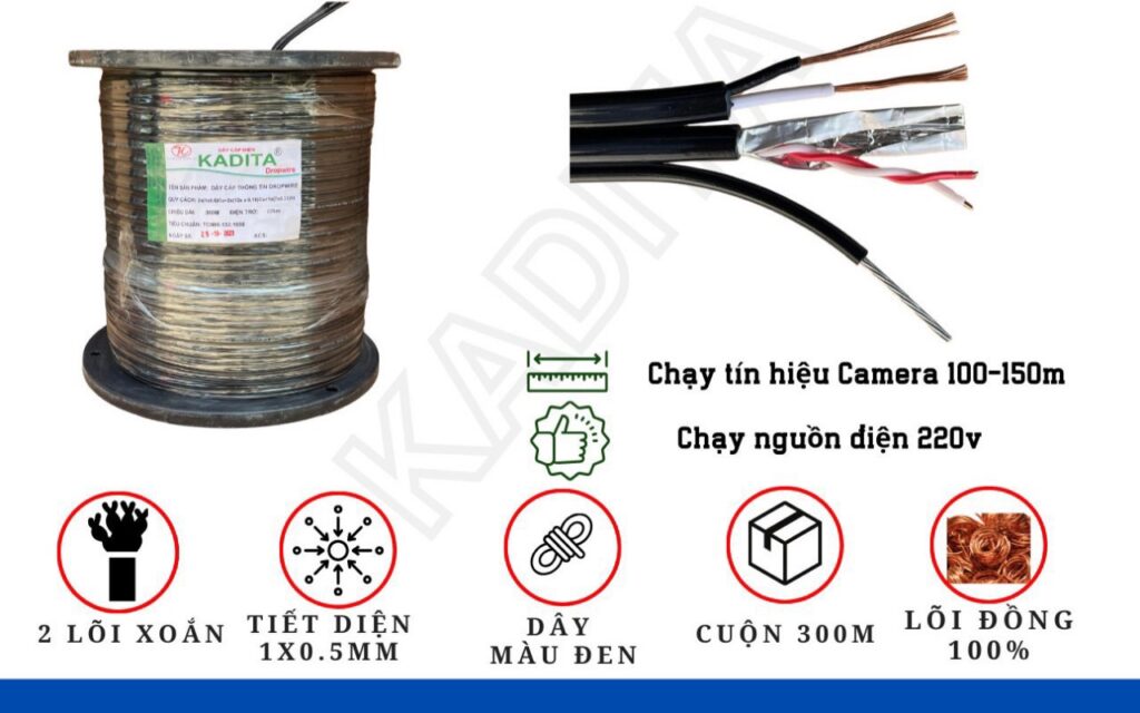 Cáp Đen 2 Lõi 1 Tim Kèm Nguồn Có Cường Lực 300M