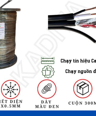 Cáp Đen 2 Lõi 1 Tim Kèm Nguồn Có Cường Lực 300M