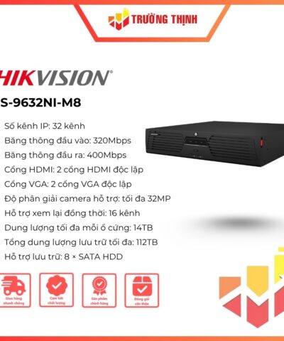Đầu ghi NVR Hikvision DS-9632NI-M8 chính hãng, dùng cho hệ thống camera IP, hỗ trợ quản lý và lưu trữ hình ảnh giám sát.