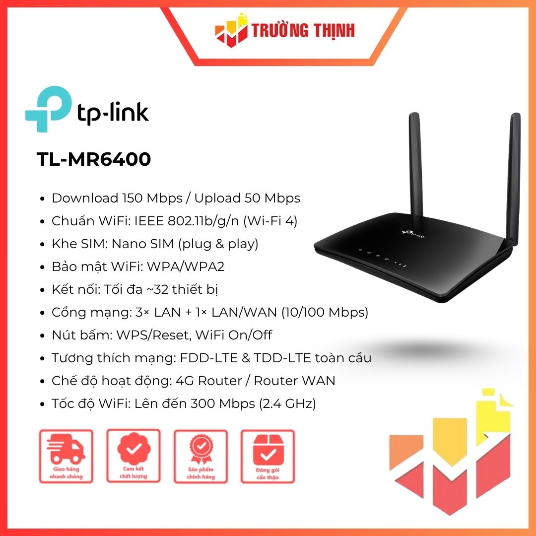 Router Wifi 4G Lite chuẩn N 300 Mbps TP-Link TL-MR6400 không dây