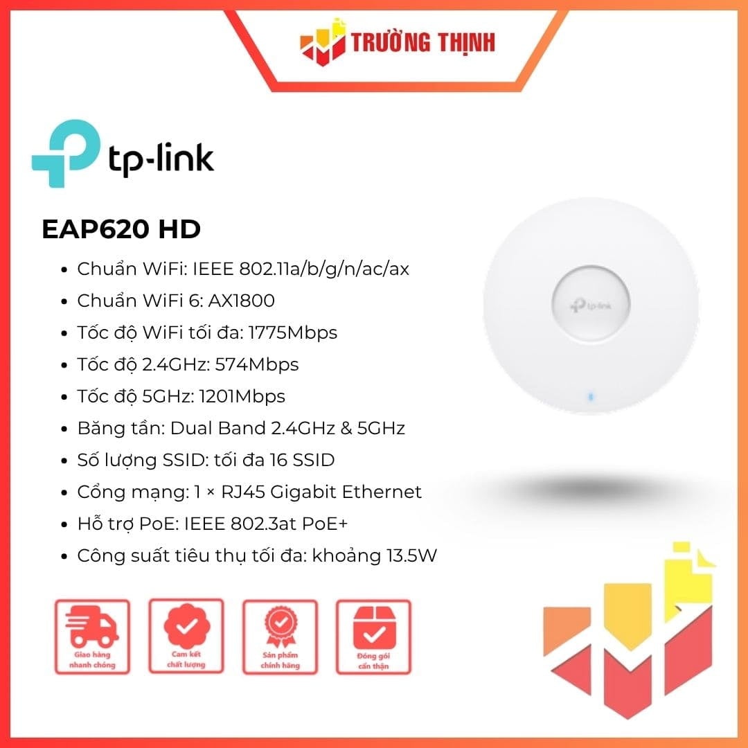 Bộ phát wifi 6 TP-LINK EAP620 HD gắn tường (Chuẩn AX/ AX1800Mbps)