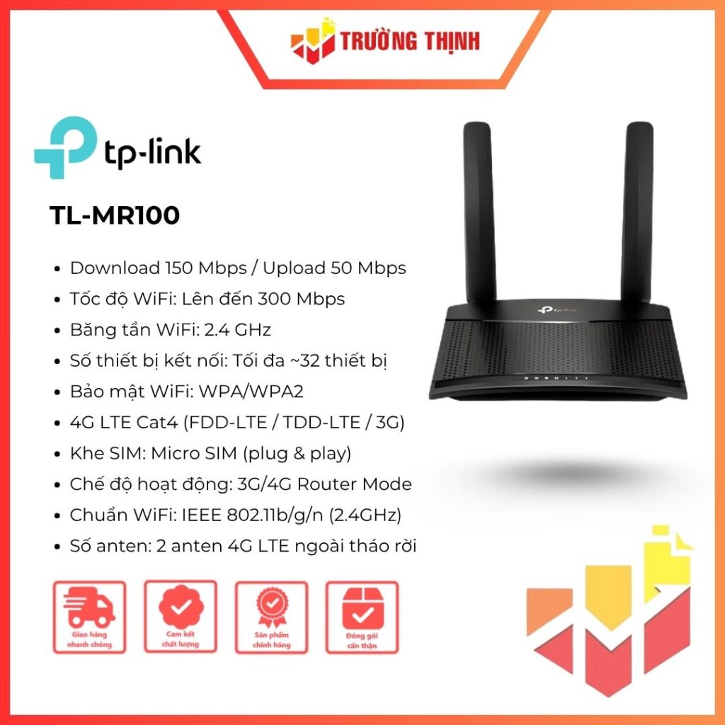 Router Wifi 4G LTE TP-LINK TL-MR100 tốc độ chuẩn N 300 Mbps