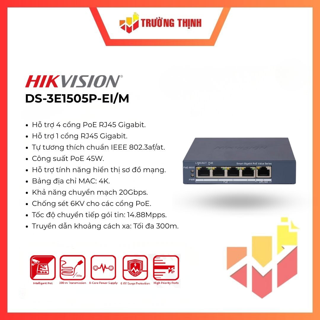 Switch mạng thông minh 4 cổng PoE Gigabit Hikvision DS-3E1505P-EI/M
