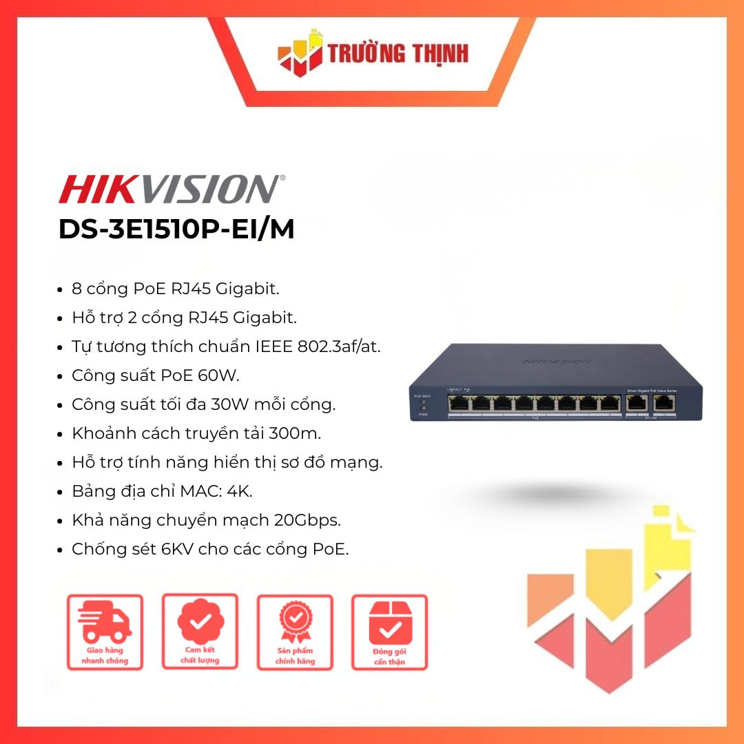 Switch mạng thông minh 8 cổng PoE Gigabit Hikvision DS-3E1510P-EI/M