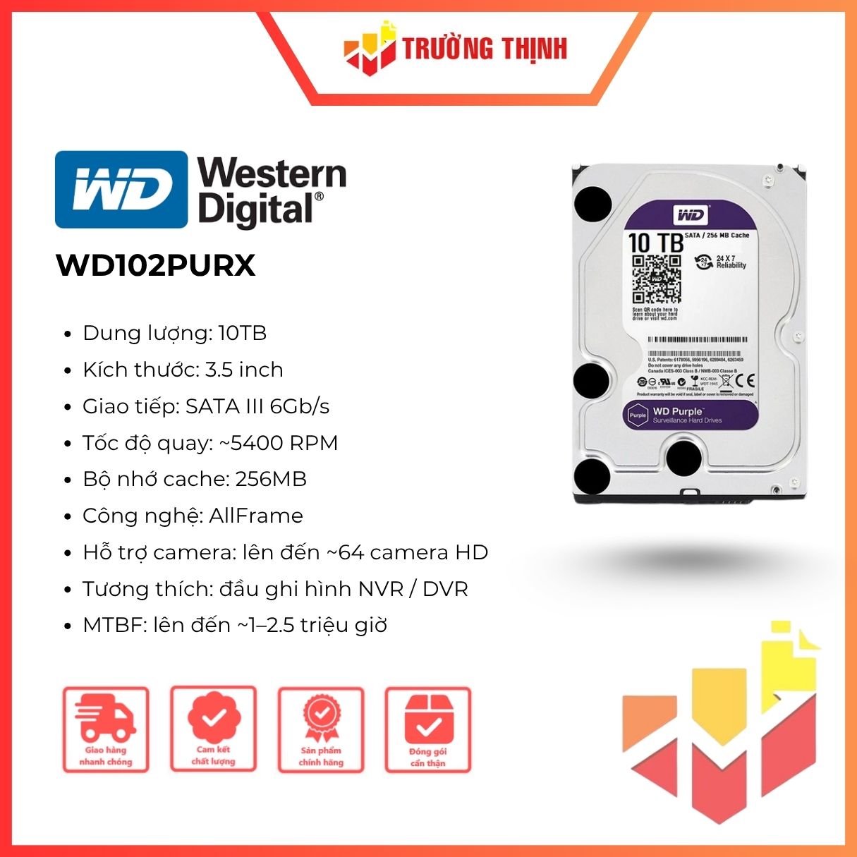 Ổ Cứng Western 10TB Purple WD102PURX 3.5 inch, 7200RPM