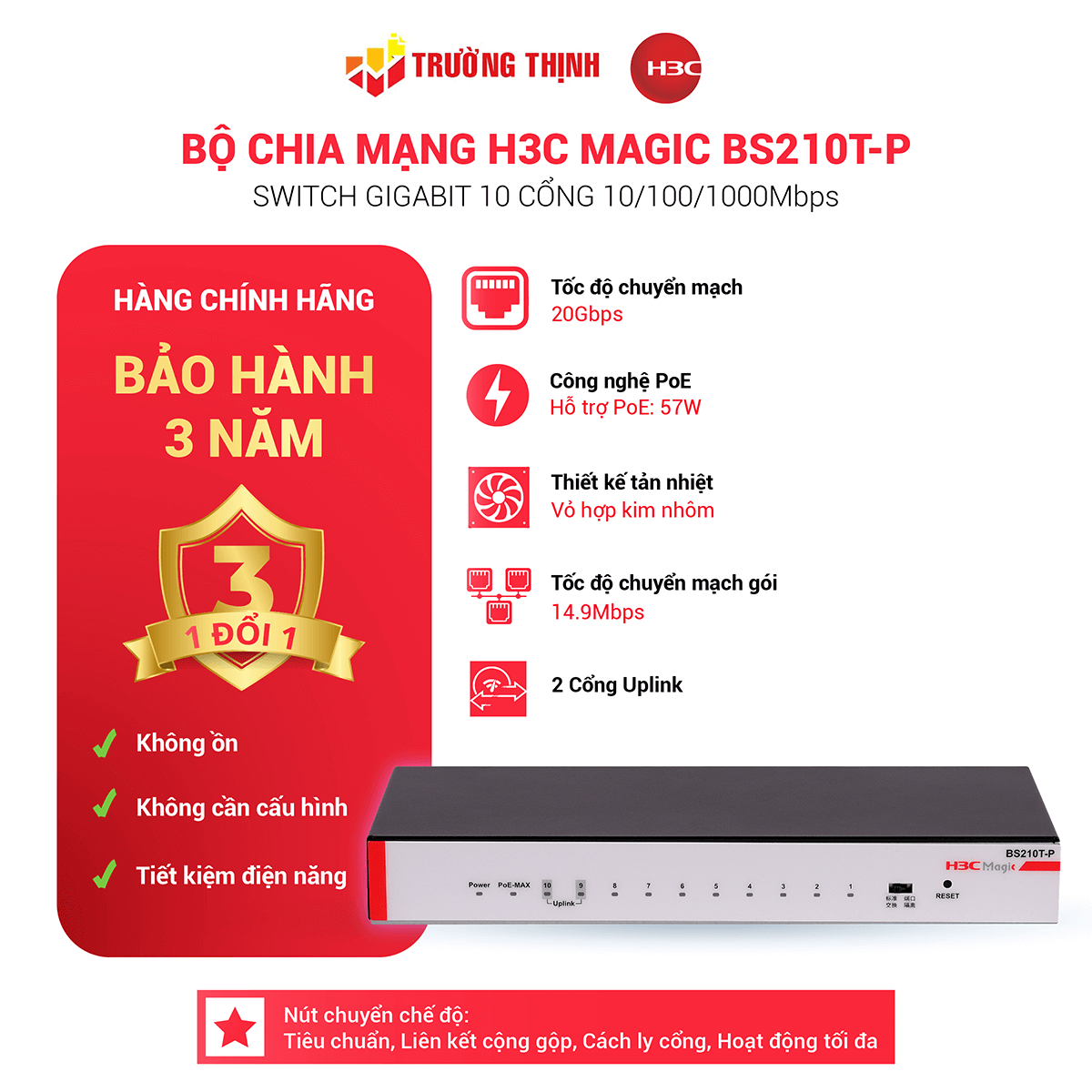 Switch 10 Cổng PoE Gigabit H3C Magic BS210T-P