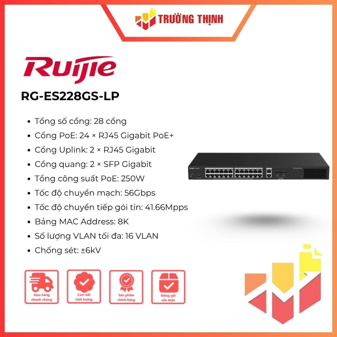 Switch Ruijie 24 cổng PoE+ RG-ES228GS-LP công suất 250W
