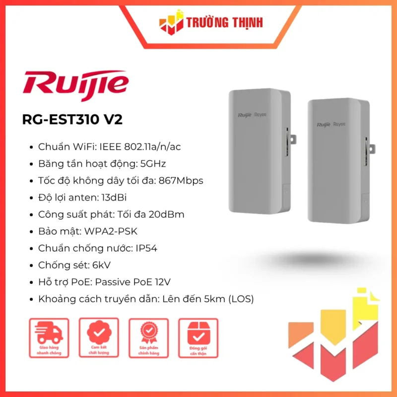 Bộ bắn điểm Wifi ngoài trời RUIJIE RG-EST310 V2 băng tần 5 GHz