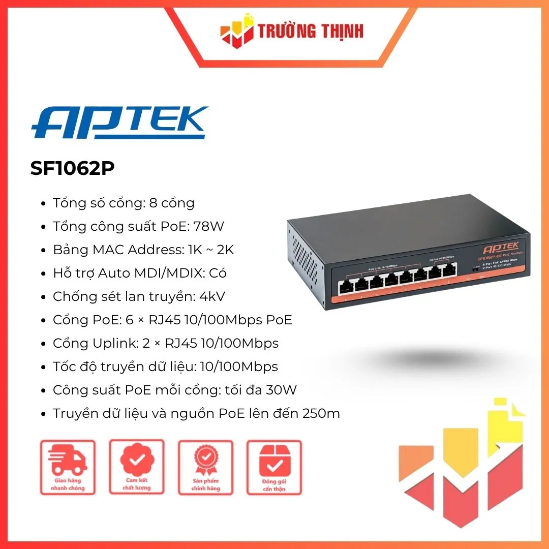 Thiết bị mạng Switch 6 Port 10/100Mbps POE APTEK SF1062P