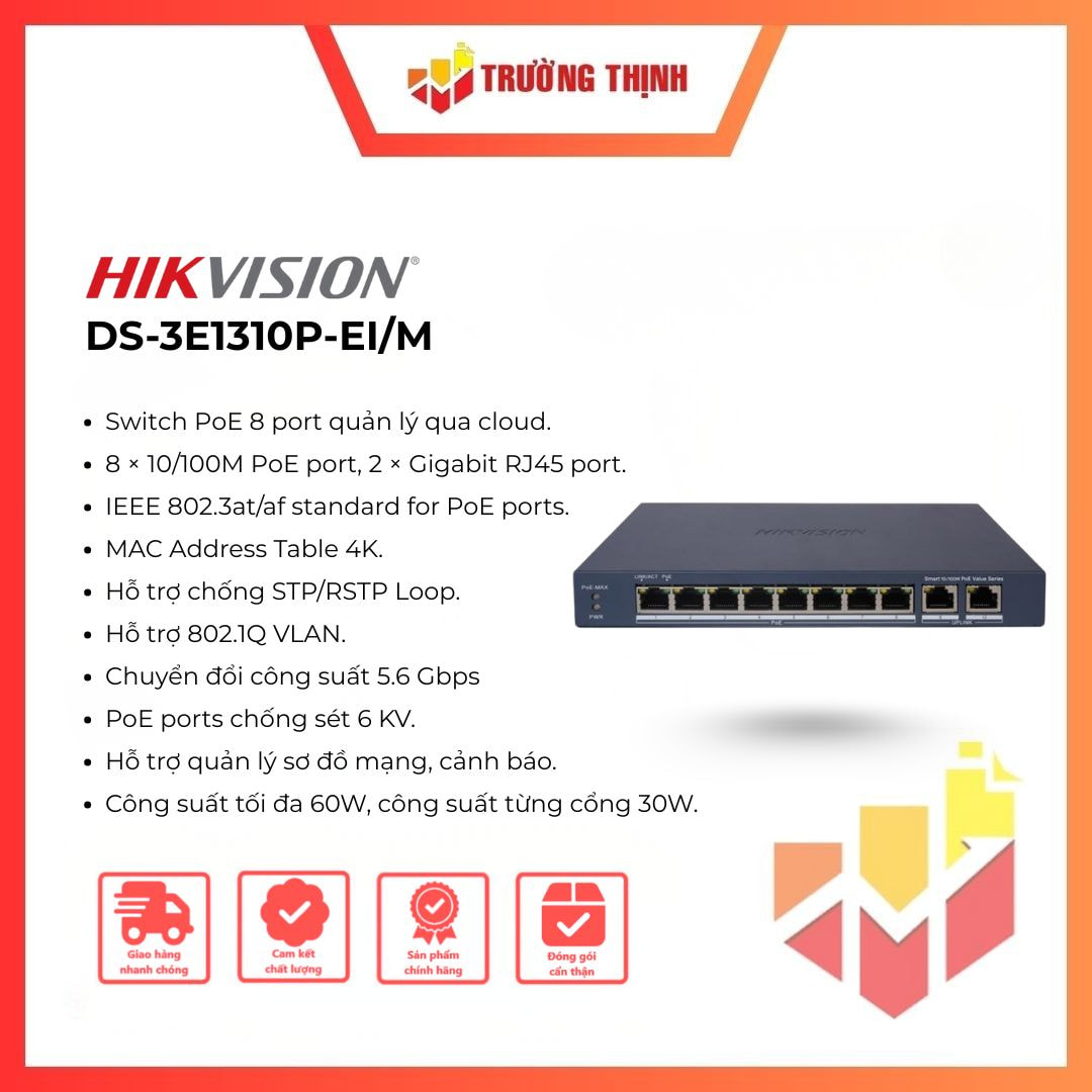 Switch 8 cổng PoE HIKVISION DS-3E1310P-EI/M 100Mbs