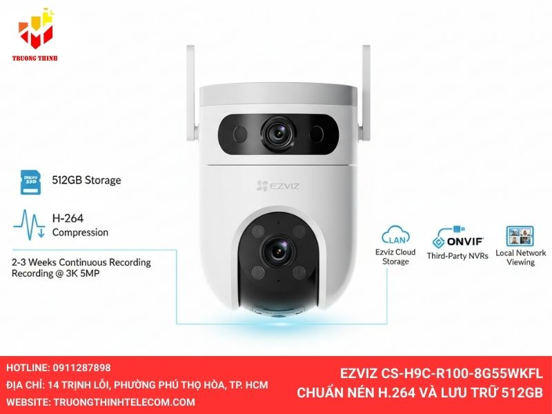 Ezviz CS-H9C-R100-8G55WKFL chuẩn nén H.264 và lưu trữ 512GB