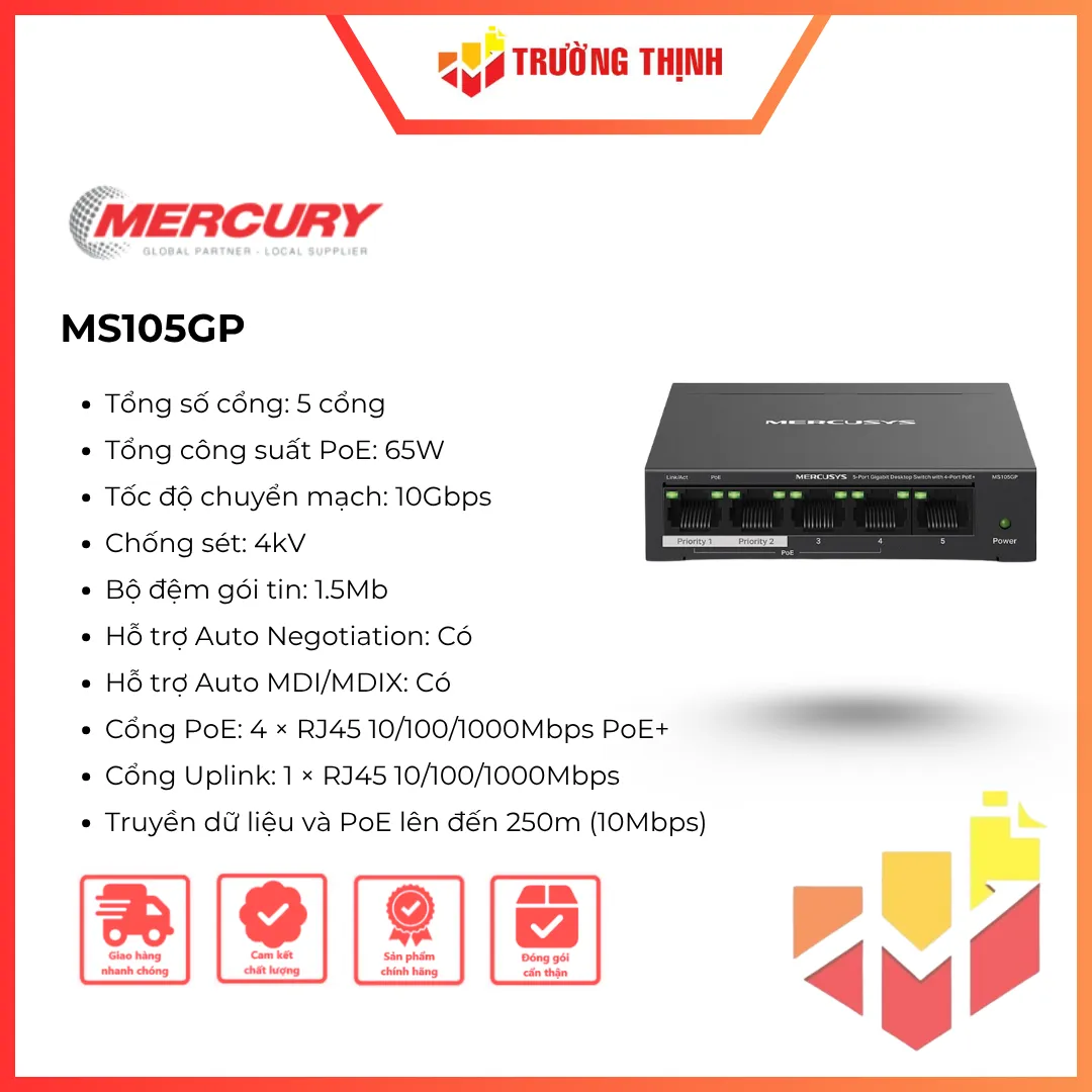 Switch để bàn Mercusys MS105GP 5 cổng Gigabit với 4 Cổng PoE+