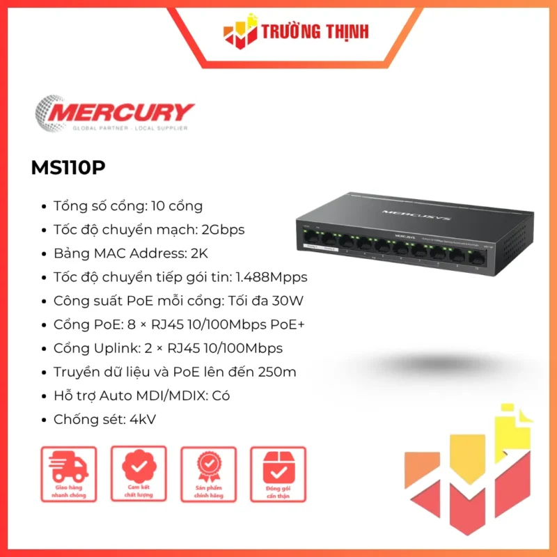 Switch để bàn Mercusys MS110P 10 cổng 10/100Mbps với 8 cổng PoE+