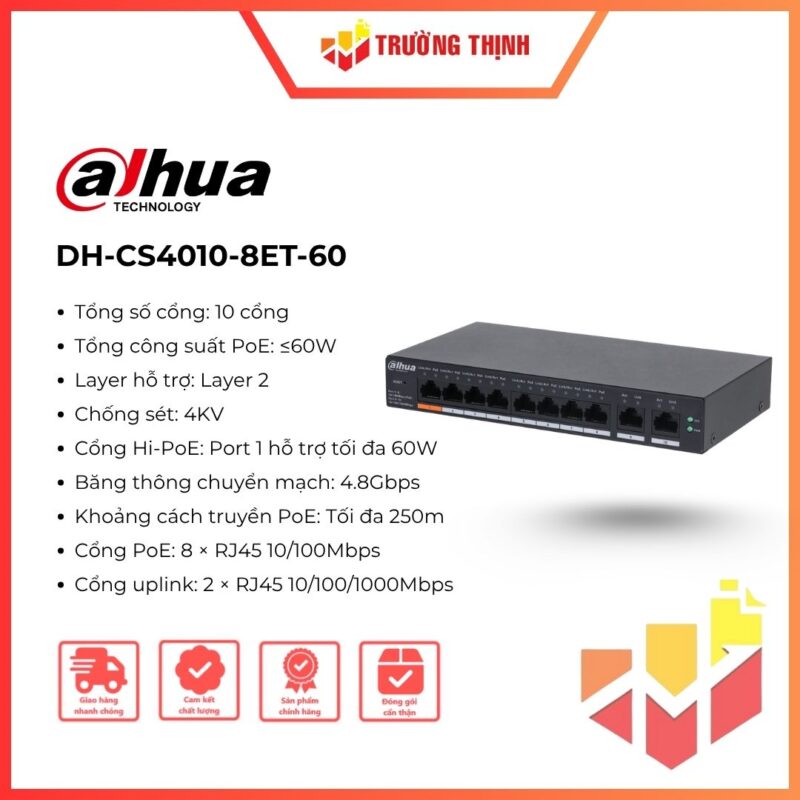 Switch Cloud 10 port Dahua DH-CS4010-8ET-60 PoE