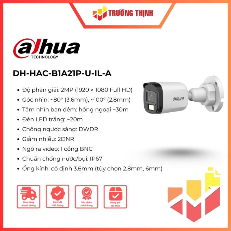 Camera HDCVI ánh sáng kép thông mình 2MP Dahua DH-HAC-B1A21P-U-IL-A