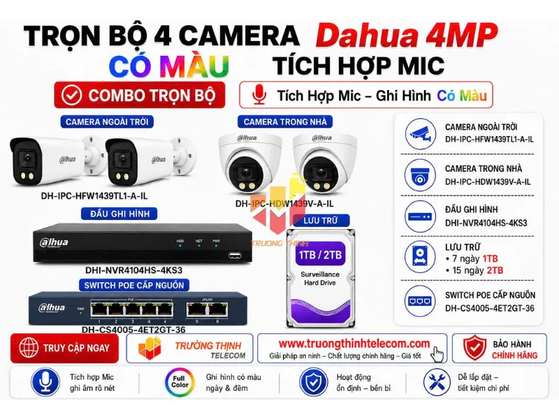 Bộ 4 Camera 4MP Dahua (TT-DH-1439-A-IL) sắc nét và Thông minh