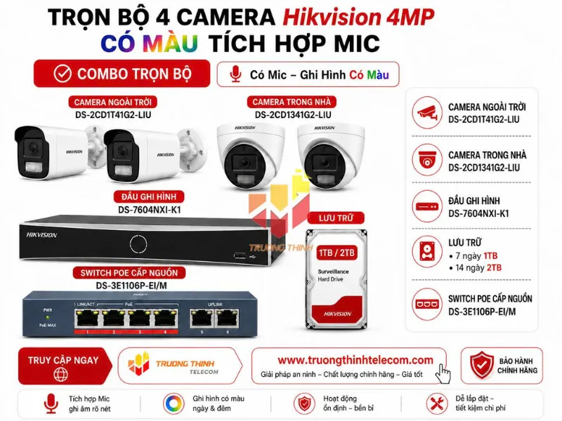 Bộ 4 Camera 4MP Hikvision (TT-DS-2CD41G2-LIU) đỉnh cao công nghệ IP