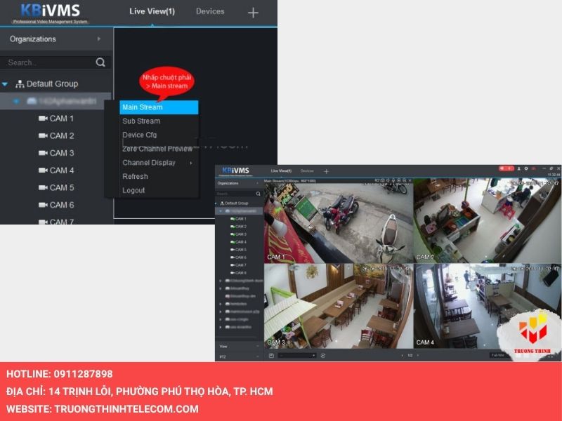 Chọn chọn Live View để chọn luồng xem Mainstream hay SubStream