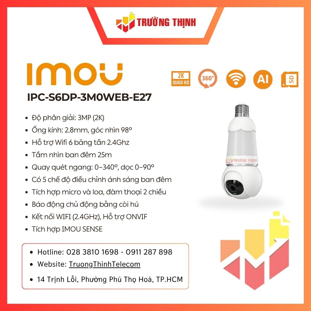 Camera Wifi quay quét bóng đèn 3MP iMOU IPC-S6DP-3M0WEB-E27