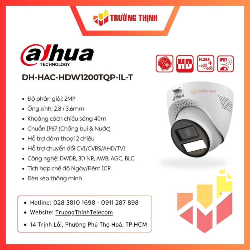 Camera HDCVI 2MP DAHUA DH-HAC-HDW1200TQP-IL-T