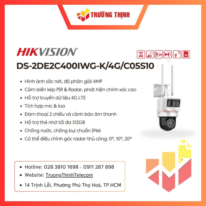 Camera Hikvision DS-2DE2C400IWG-K/4G/C05S10 IP PT 4G