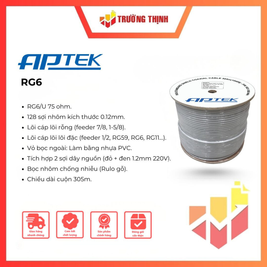 Cáp đồng trục kèm đôi dây nguồn APTEK RG6 - 305m giá tốt
