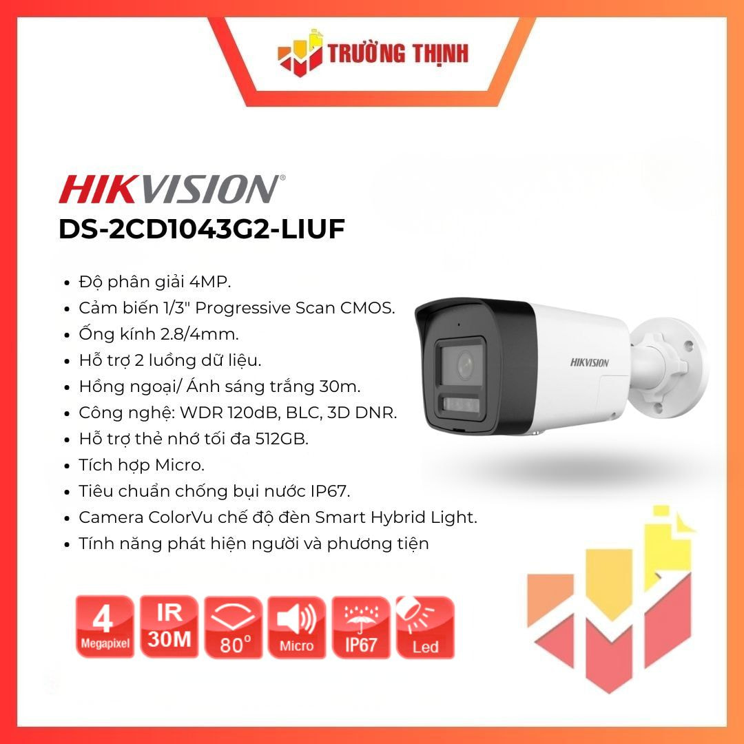 Camera IP thân trụ 4MP Hikvision DS-2CD1043G2-LIUF
