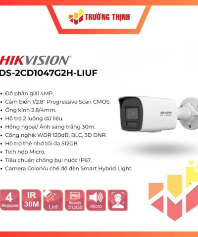 Camera IP thân trụ 4MP ColorVu Hikvision DS-2CD1047G2H-LIUF