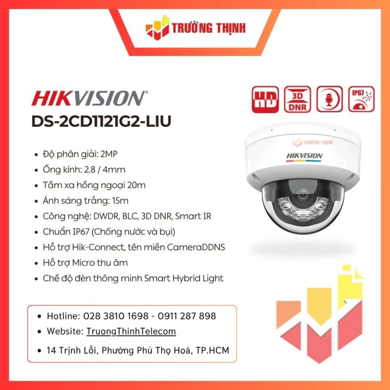 Camera Dome IP Hikvision 2MP DS-2CD1121G2-LIU
