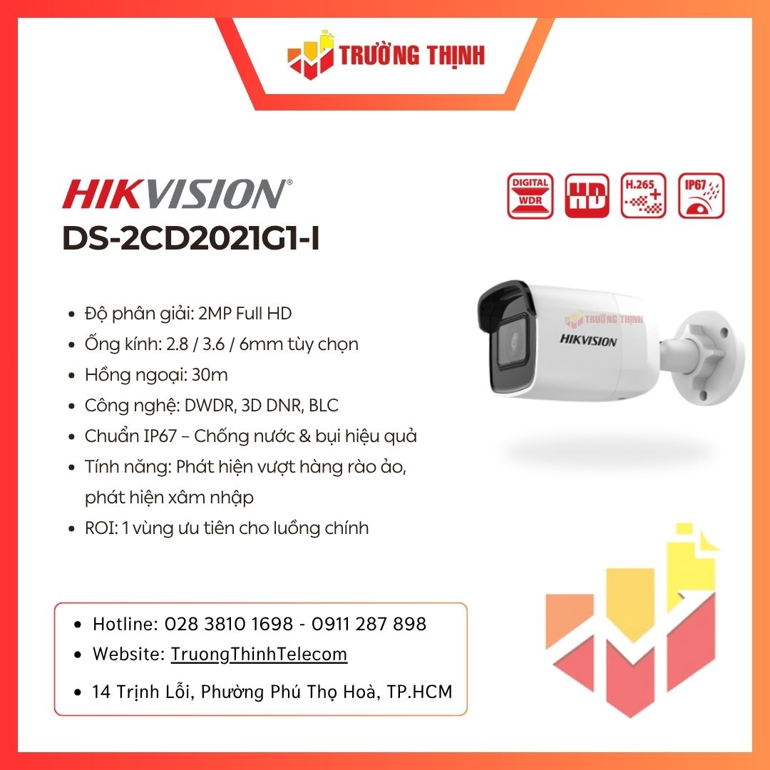 Camera thân trụ IP Hikvision DS-2CD2021G1-I 2MP