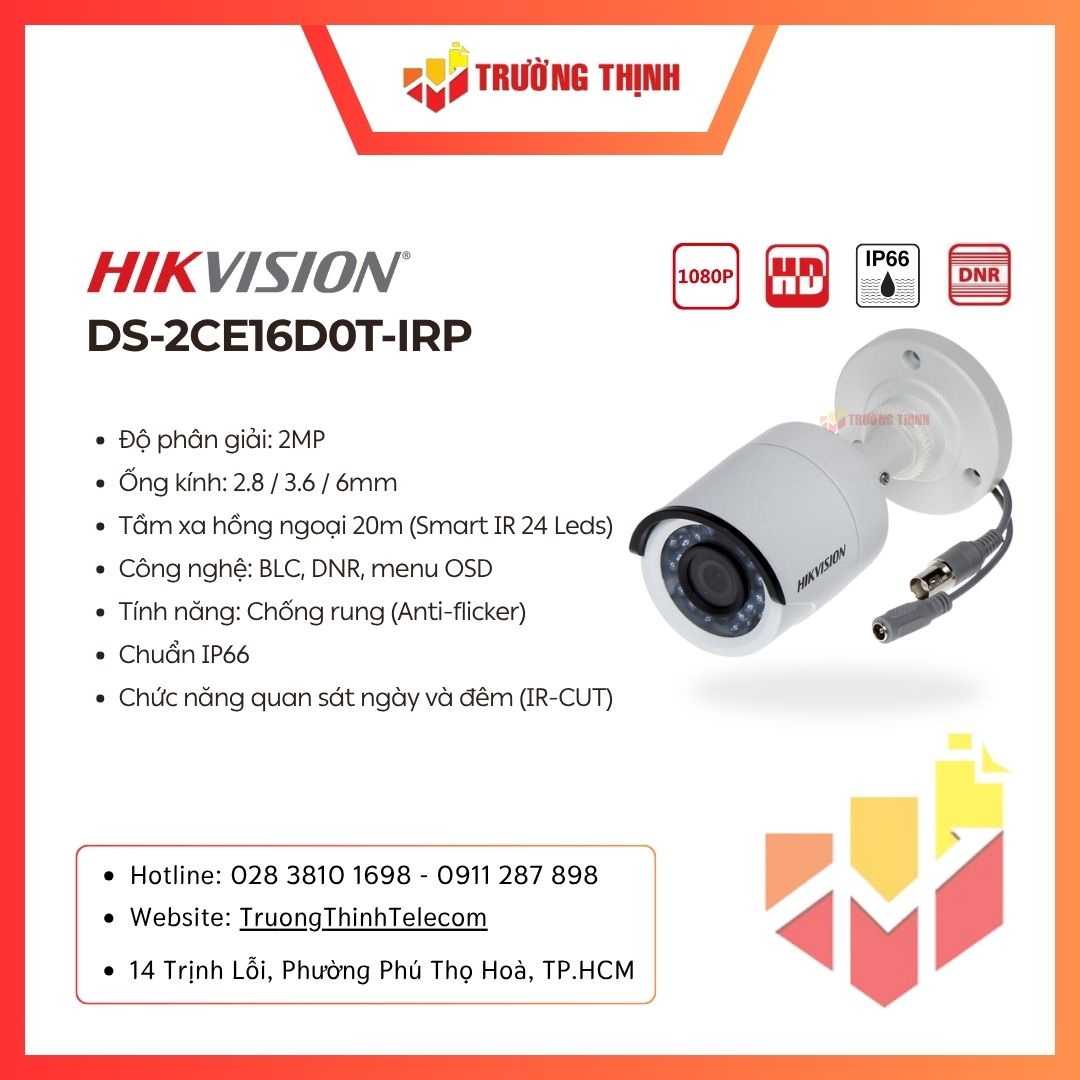 Camera HDTVI 2MP Hikvision DS-2CE16D0T-IRP