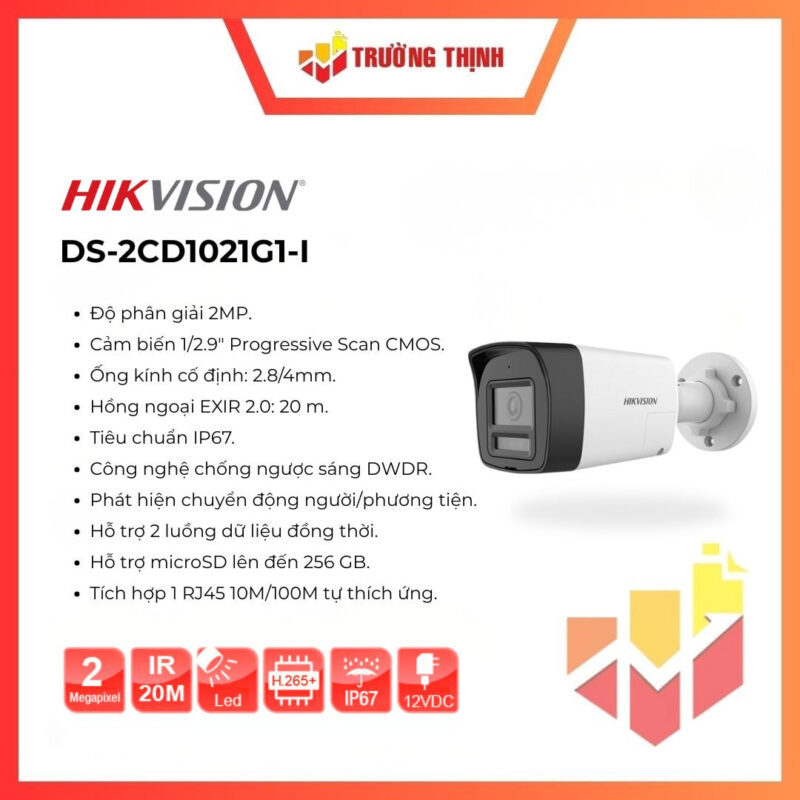 Camera IP thân trụ hồng ngoại HikVision DS-2CD1021G1-I 2MP