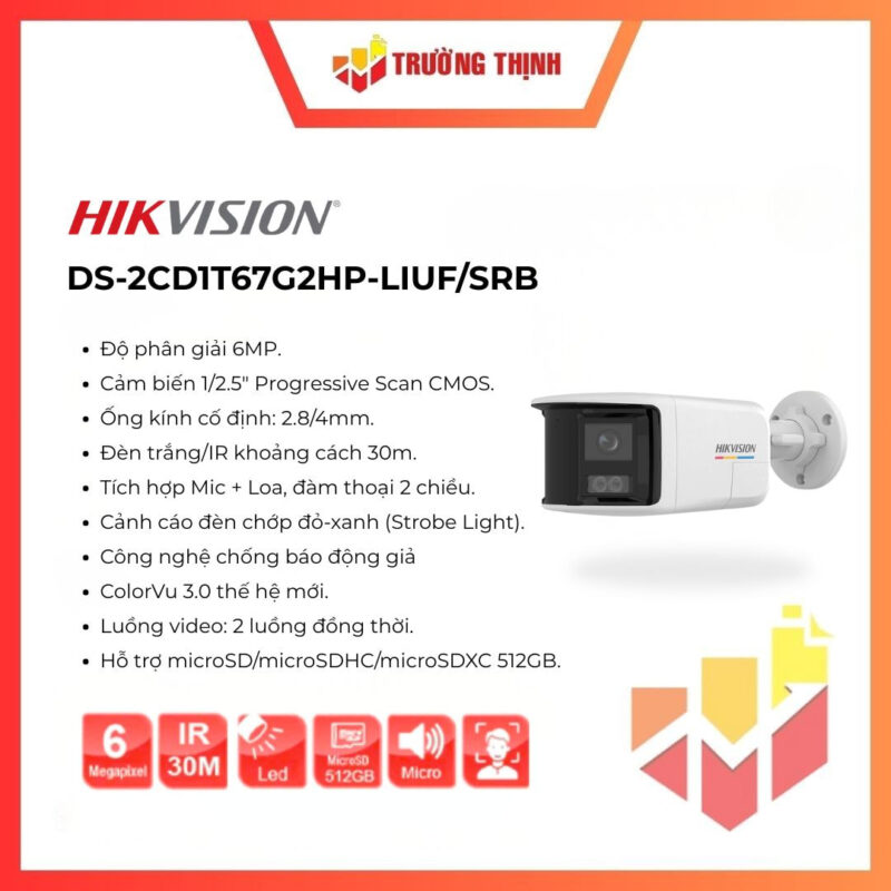Camera IP Hikvision 6MP DS-2CD1T67G2HP-LIUF/SRB 180°
