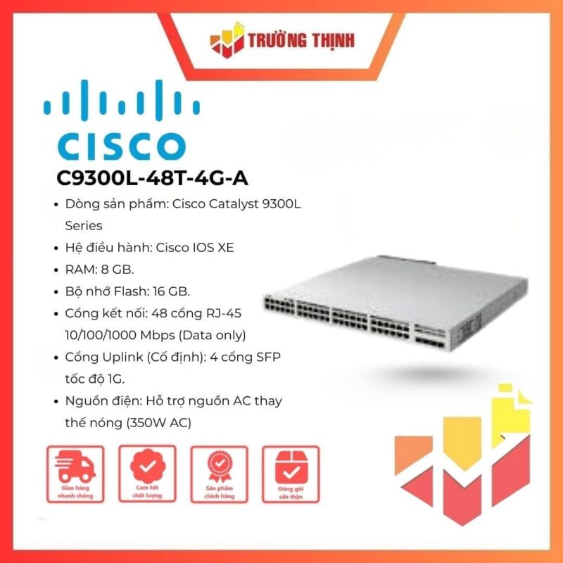 Cisco C9300L-48T-4G-A Catalyst 9300L 48-Port Switch, 4x1G Uplink