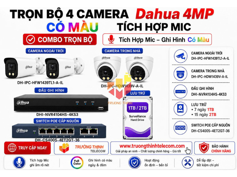 Gói 1: Bộ 4 camera 4MP Dahua (TT-DH-1439-A-IL) sắc nét từng chuyển động