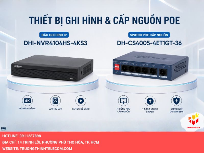 Đầu ghi DHI-NVR4104HS-4KS3 và Switch DH-CS4005-4ET1GT-36