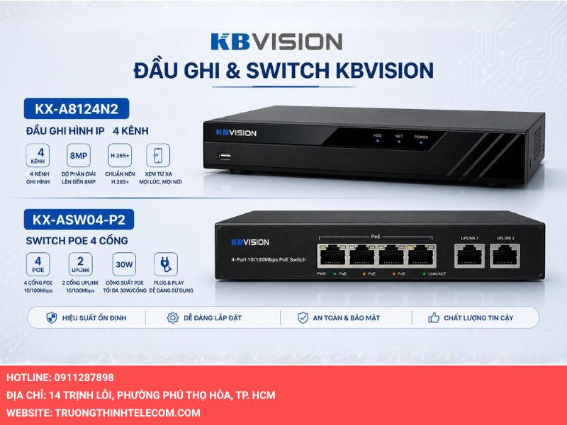 Đầu Ghi Kbvision KX-A8124N2 và Switch KX-ASW04-P2