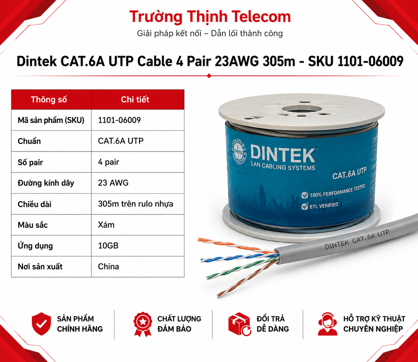 Cáp mạng Cat6A DINTEK UTP 23AWG 1101-06009