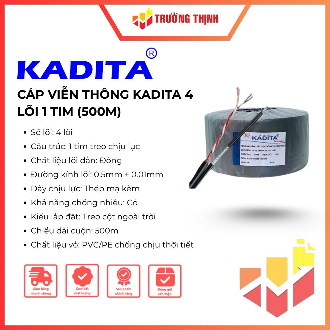 Cáp viễn thông Kadita 4 lõi 1 tim 500m có cường lực chống ẩm