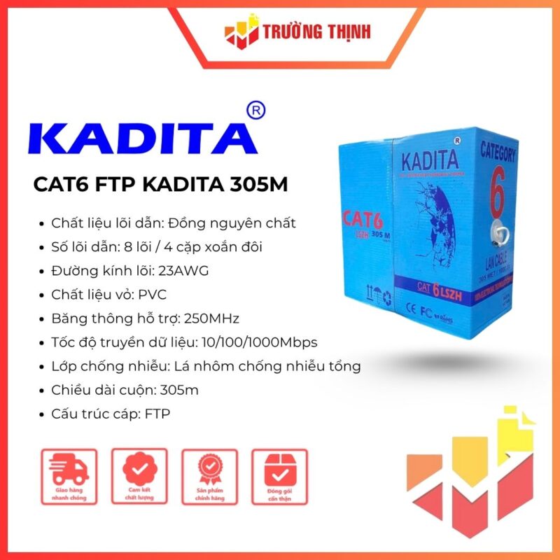 Cáp mạng CAT6 FTP KADITA 8 lõi đồng nguyên chất cuộn 305M
