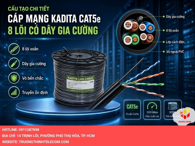 Cấu tạo chi tiết của cáp mạng Kadita Cat5e 8 lõi có dây gia cường