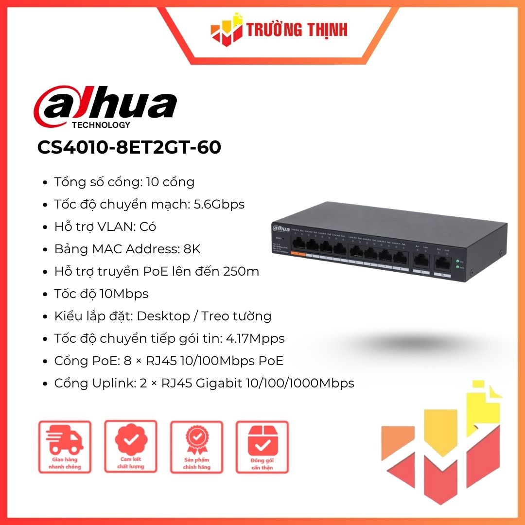 Switch PoE Dahua DH-CS4010-8ET2GT-60 8Port-10/100M