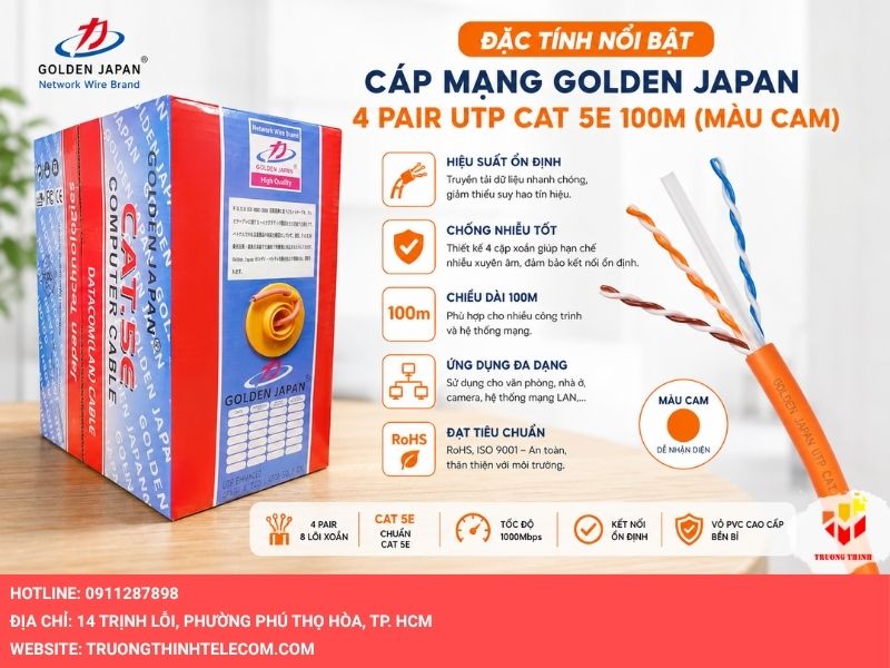 Đặc tính nổi bật của cáp mạng GOLDEN JAPAN 4 PAIR UTP CAT 5E 100M Màu Cam