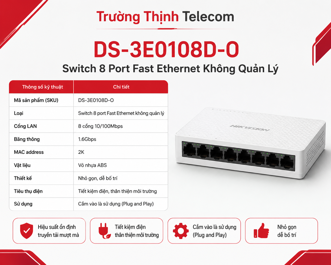 Switch 8 cổng Hikvision DS-3E0108D-O (L2, Unmanaged, 10/100M RJ45)