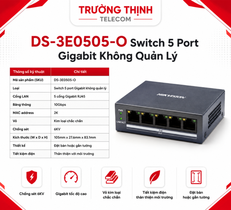 Switch Hikvision DS-3E0505-O 5 Port Gigabit Ethernet (10/100/1000 Mbps)