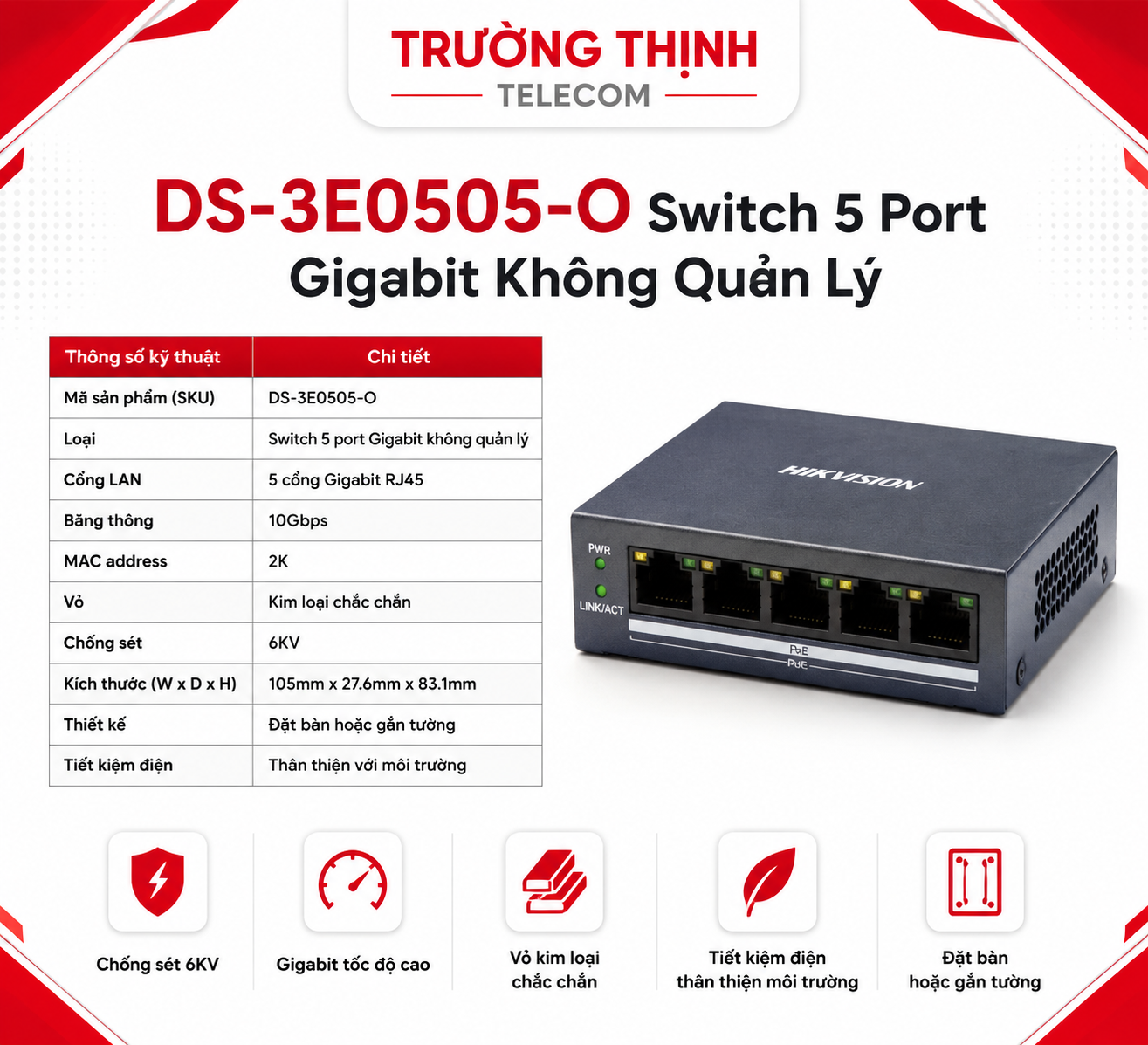 Switch Hikvision DS-3E0505-O 5 Port Gigabit Ethernet (10/100/1000 Mbps)