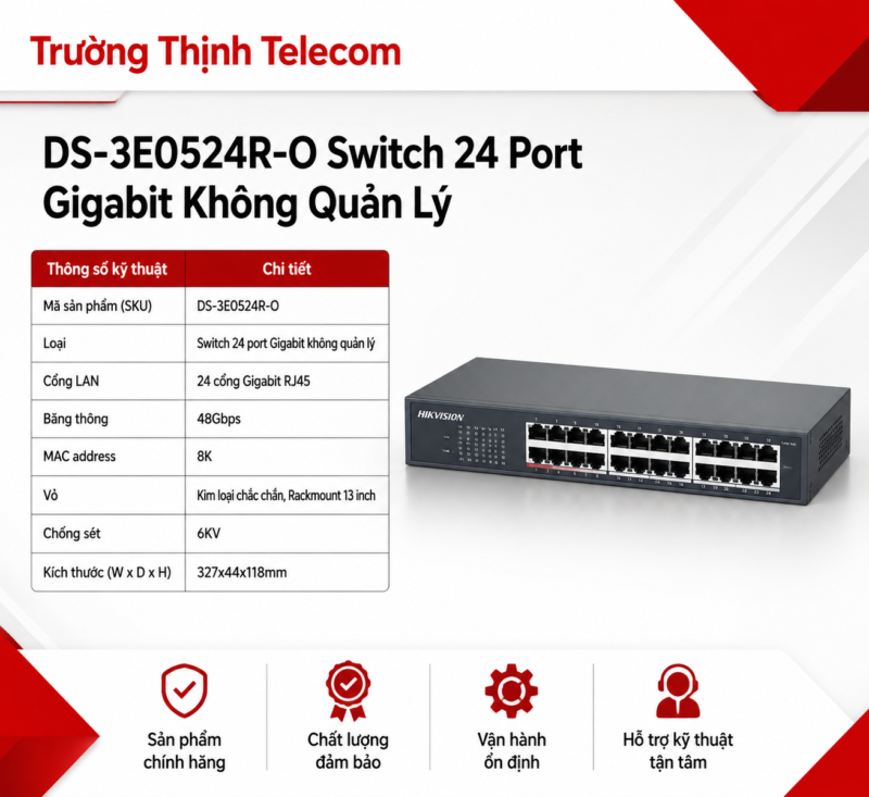 Switch 24 Port Gigabit Hikvision DS-3E0524R-O Không Quản Lý