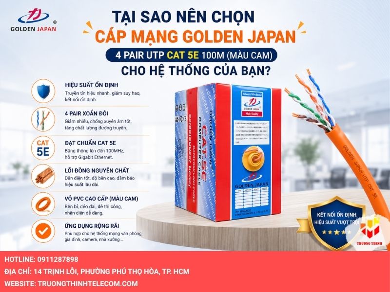 Tại sao nên chọn cáp mạng GOLDEN JAPAN 4 PAIR UTP CAT 5E 100M (Màu Cam) cho hệ thống của bạn?