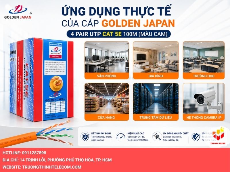 Ứng dụng thực tế của cáp GOLDEN JAPAN 4 PAIR UTP CAT 5E 100M Màu Cam