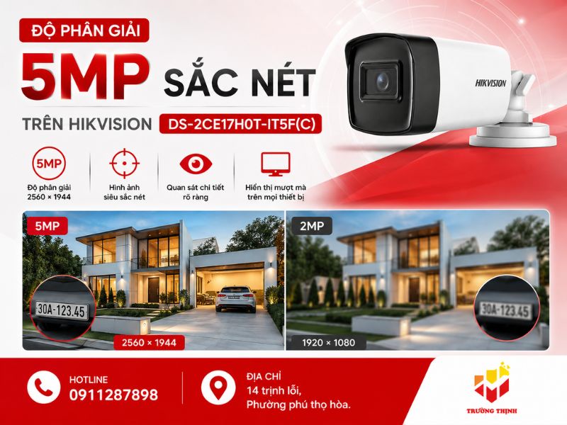 Độ phân giải 5MP sắc nét trên Hikvision DS-2CE17H0T-IT5F(C)